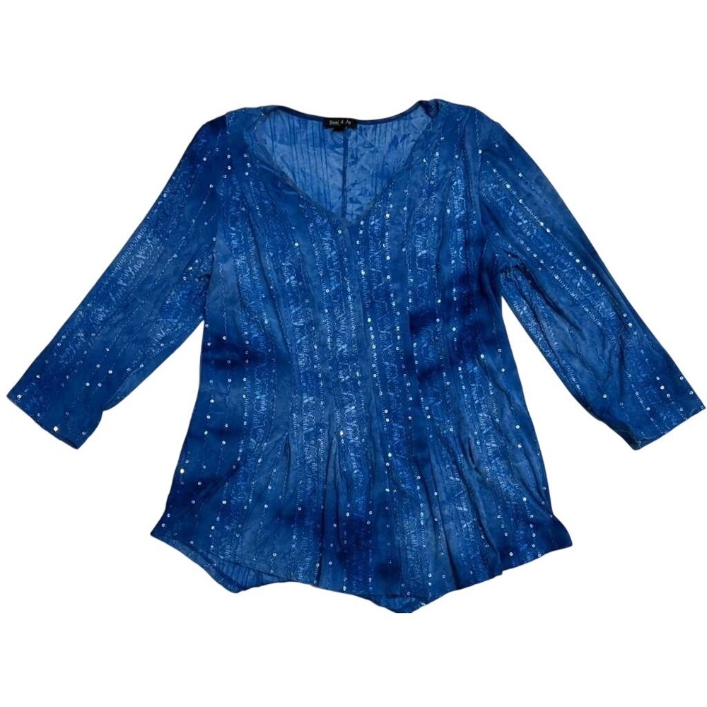 Sami & Jo Womens Blue Sequin Embroidered V-Neck 3/4 Sleeve Blouse Top Small